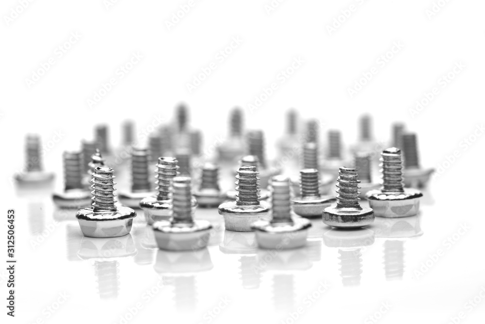 Screws on white background - close-up Screws on white background - close-up