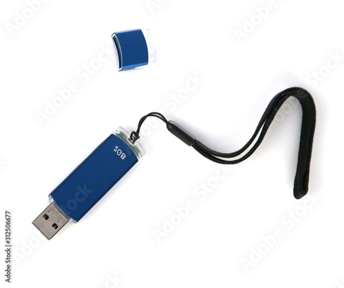 Blue pendrive on white background photo