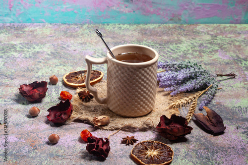 Red Hot Hibiscus tea in a glass mug © mironovm
