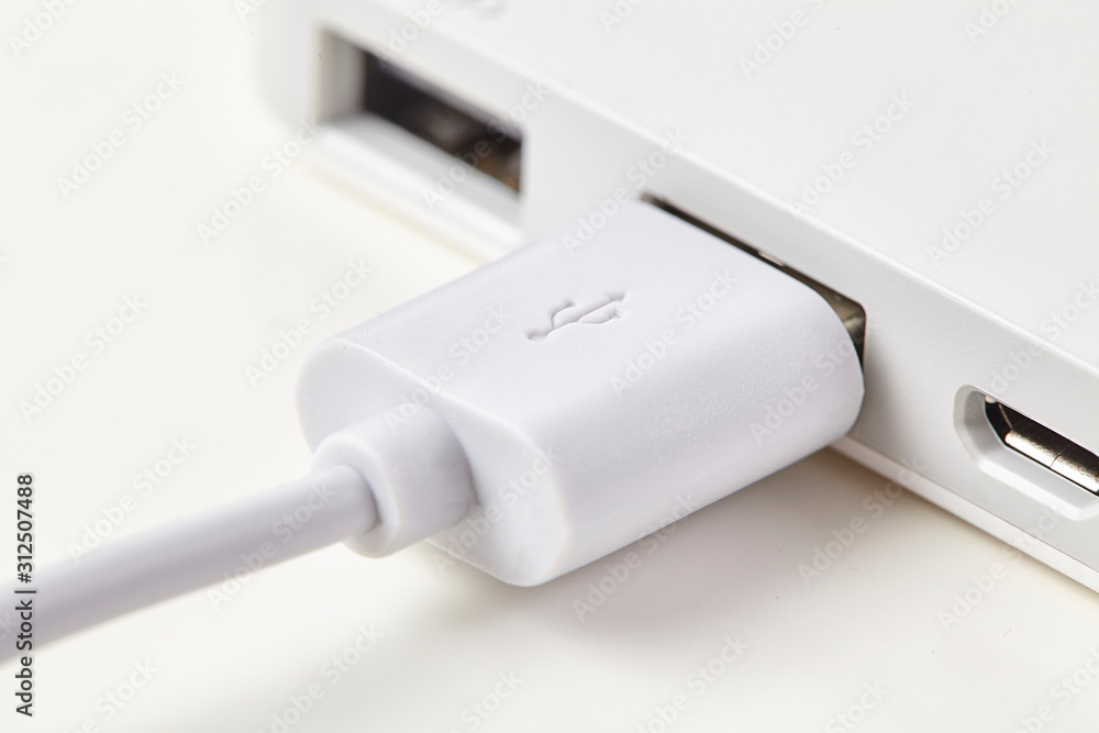 Fototapeta premium White USB cable into laptop isolated on background. Close up.