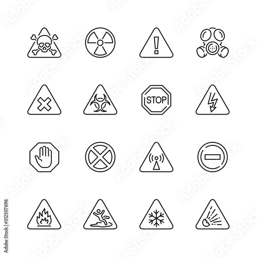 Danger related icons: thin vector icon set, black and white kit