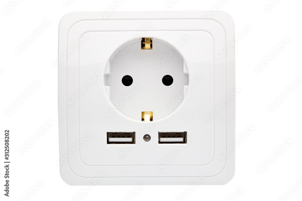 Power socket standard 220 volt with two connectors usb for charging mobile devices isolated on white background. Close up. Power socket standard 220 volt with two connectors usb for charging mobile devices isolated on white background. Close up.