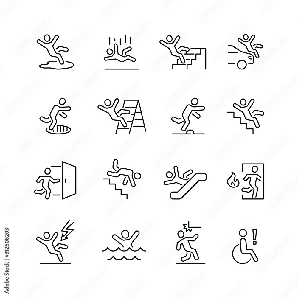 Stick figure man related icons: thin vector icon set, black and white kit