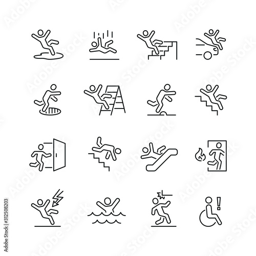 Stick figure man related icons: thin vector icon set, black and white kit