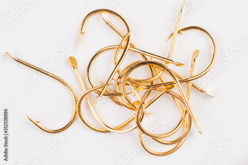 Fishing hooks isolated on white background. Fishing equipment