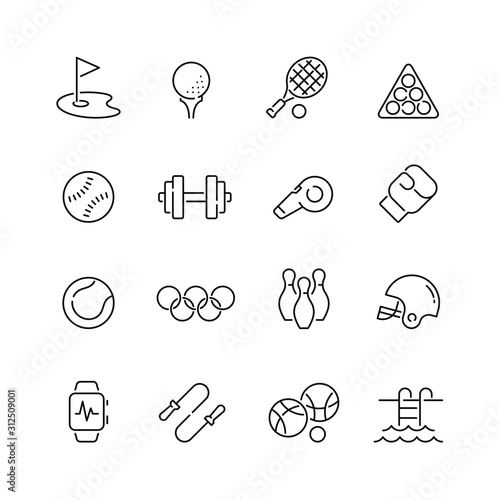 Sport equipment related icons: thin vector icon set, black and white kit