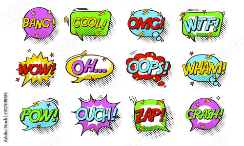 Comic speech bubble with bang cool zap pow wtf omg oops wham crash text. vector illustration