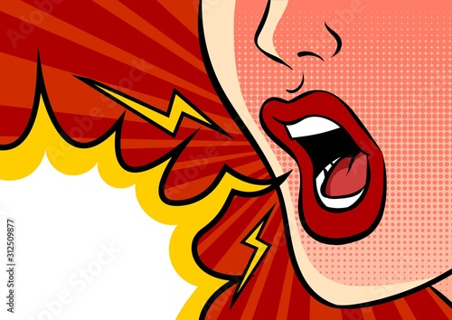 Angry shouting female mouth and empty speech bubble. Pop art vector comic illustration.