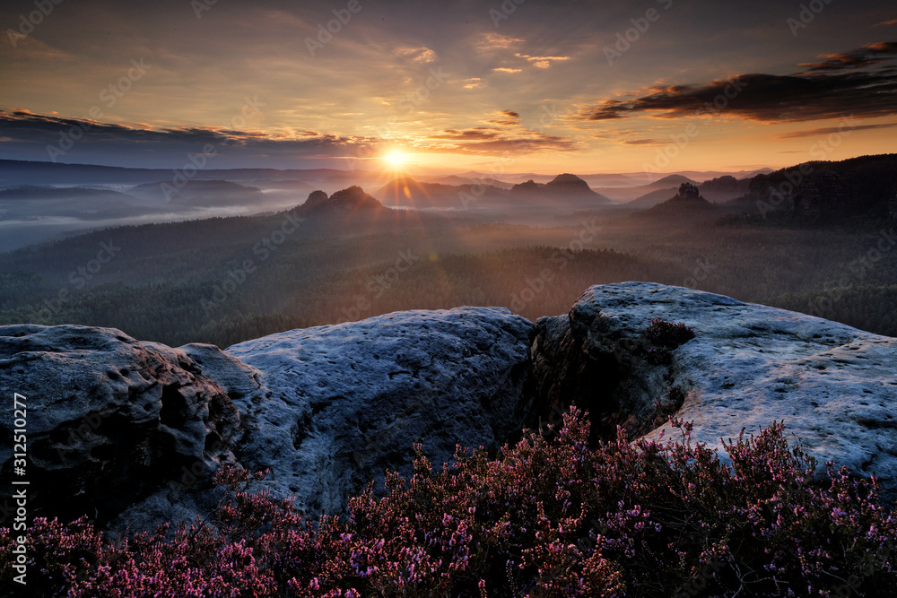 Kleiner Winterberg, cliff into deep misty valley in Saxony Switzerland, landscape in Germany. Fog and beautiful backlight. Stone hill sunset. Rocky landscape in Europe.