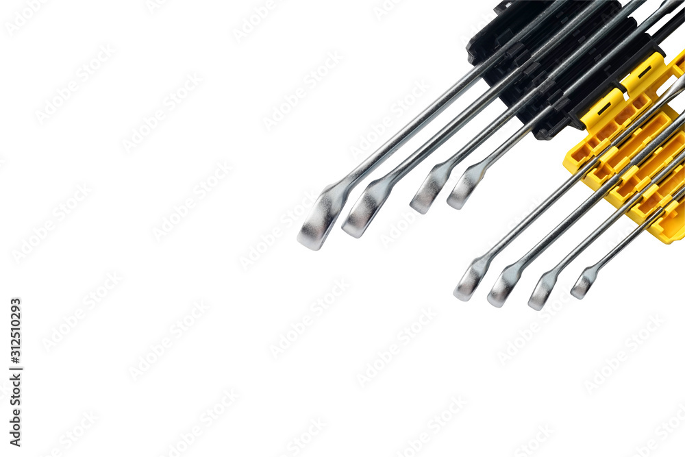 Combination Wrench Set ,Spanner tool set for car or motorcycle repair on white desk Combination Wrench Set ,Spanner tool set for car or motorcycle repair on white desk