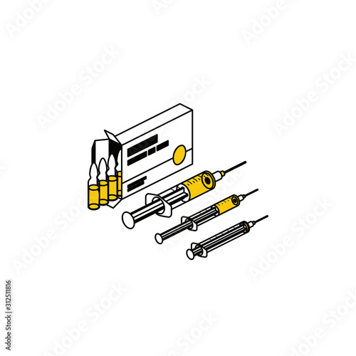 Injections ampoules packaging syringes. Vector line, 3d stroke isometric, color web icon, new flat style. Creative illustration design, abstract idea for infographics.