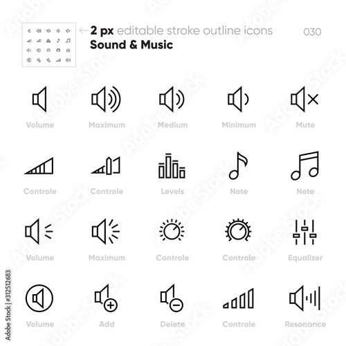 Volume Controls outline vector icons. Equaliser, Note, Levels, Mute. Editable stroke.