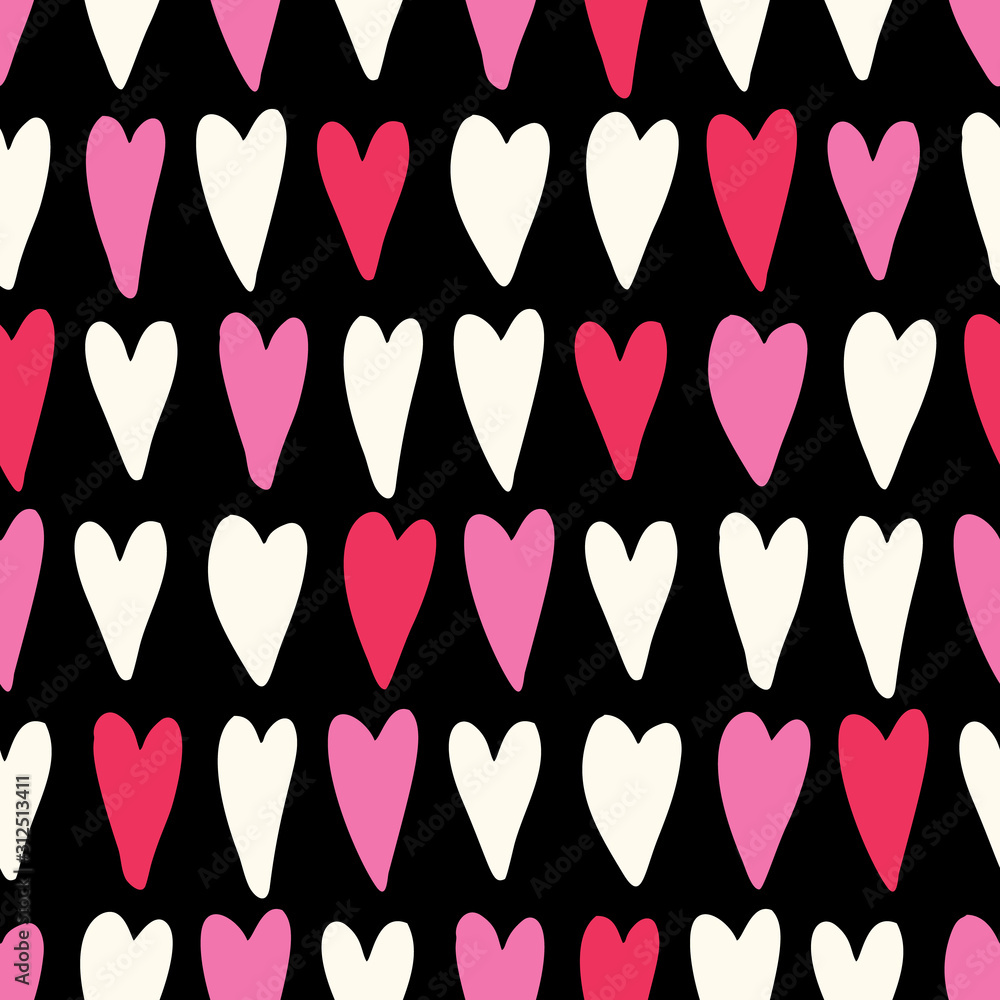 Fototapeta Valentine's Day Vector Seamless Pattern with Hand-Drawn Pink and Read Hearts on Black Background