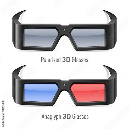 Illustration of Anaglyph and Polarized 3D Cinema Glasses. Stereoscopic Goggles Isolated Clipart on White Background. Movie Watching Accessory Design Element