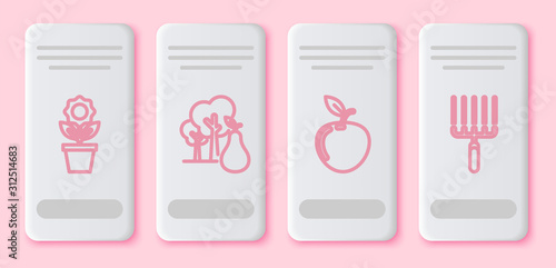 Set line Flower in pot, Tree with pears, Apple and Garden rake in work. White rectangle button. Vector