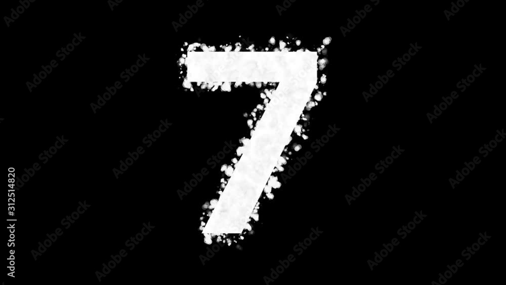 Number 7 appears with white particles on black background Number 7 appears with white particles on black background