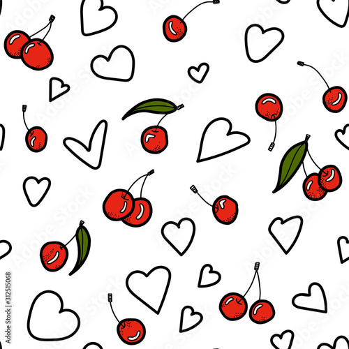 Fresh cherry hand drawn background. Doodle wallpaper vector. Colorful seamless pattern with fruits and hearts