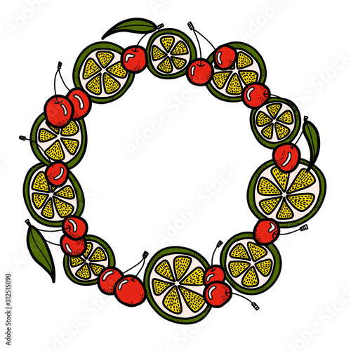 Cherry frame. Cherry, citruses and leaves in circle shape. Vector illustration. Cherry wreath.