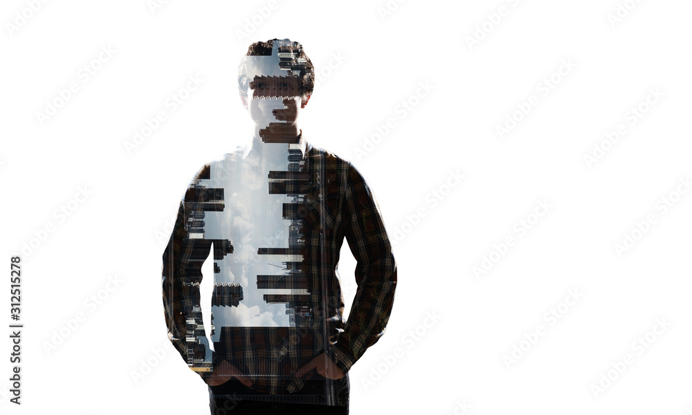 Man against cityscape . Mixed media Man against cityscape . Mixed media