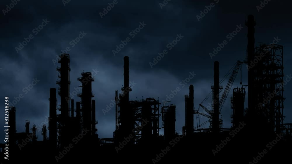 Oil and Gas Refinery, Thunderstorm and Lightning Time Lapse with Industry in Silhouette, Concept of Environmental Pollution Oil and Gas Refinery, Thunderstorm and Lightning Time Lapse with Industry in Silhouette, Concept of Environmental Pollution
