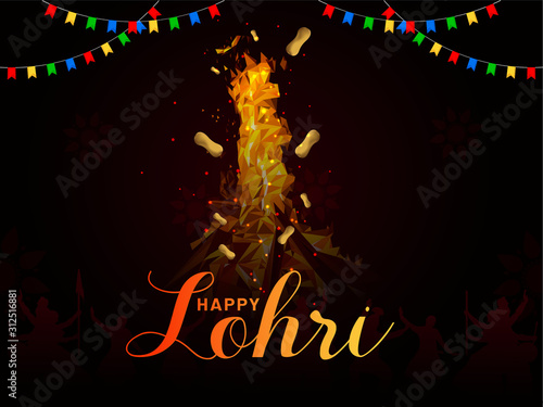 Vector Illustration of Happy Lohri holiday background for Punjabi festival with bonfire night and couples dancing bhangra.