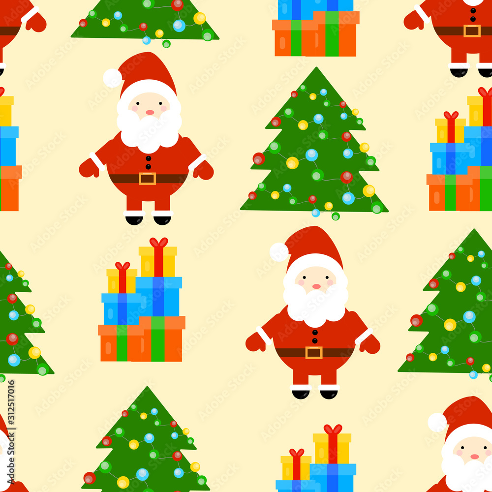 This is seamless pattern texture of Christmas Santa Claus, Christmas tree and gift box on yellow background. This is seamless pattern texture of Christmas Santa Claus, Christmas tree and gift box on yellow background.