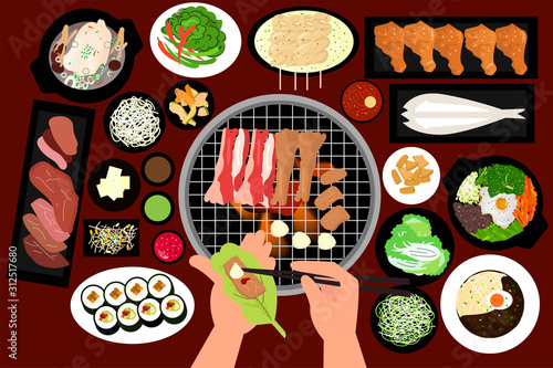 Vector illustration on top vie korean food and Bbq Grilled Pork, onion
