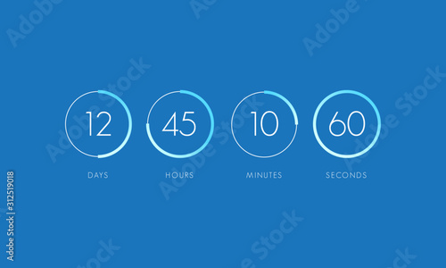Countdown clock counter timer. Vector digital count down circle board with circle time pie diagram.