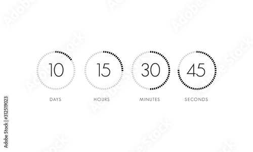 Countdown clock counter timer. Vector digital count down circle board with circle time pie diagram.