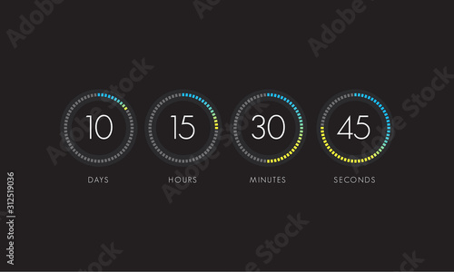 Countdown clock counter timer. Vector digital count down circle board with circle time pie diagram.