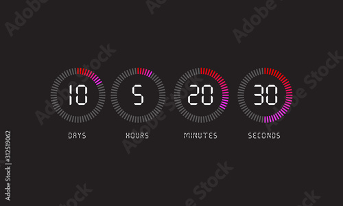 Countdown clock counter timer. Vector digital count down circle board with circle time pie diagram.