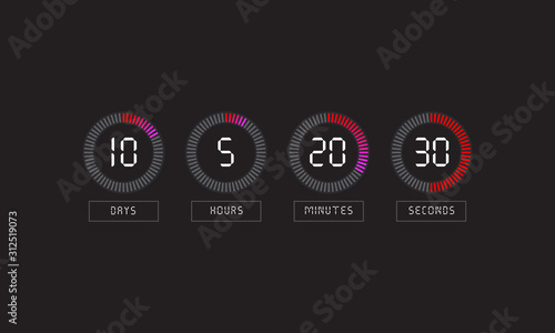 Countdown clock counter timer. Vector digital count down circle board with circle time pie diagram.