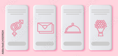 Set line Gender, Envelope with Valentine heart, Covered with a tray of food and Bouquet of flowers. White rectangle button. Vector