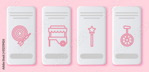 Set line Classic dart board and arrow, Fast street food cart with awning, Magic wand and Unicycle or one wheel bicycle. White rectangle button. Vector