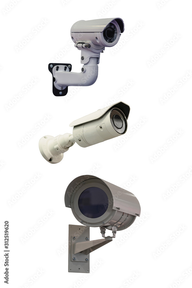 Three modern video cameras to track the situation at the object on a white background. Vertically Three modern video cameras to track the situation at the object on a white background. Vertically