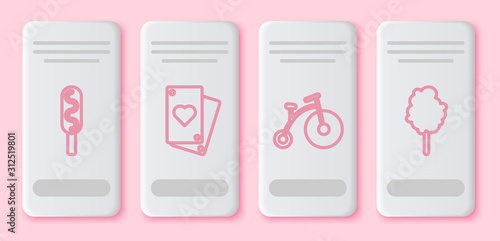 Set line Corn dog, Playing card, Vintage bicycle with one big wheel and one small and Cotton candy. White rectangle button. Vector photo