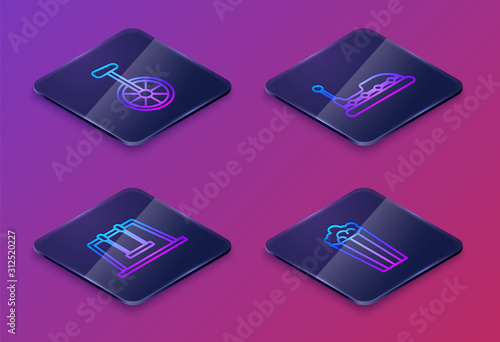 Set Isometric line Unicycle or one wheel bicycle, Swing, Bumper car and Popcorn in cardboard box. Blue square button. Vector
