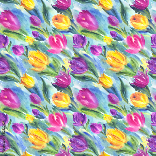 Abstract tulips seamless pattern, watercolor illustration. Floral print for cards, backgrounds, etc.