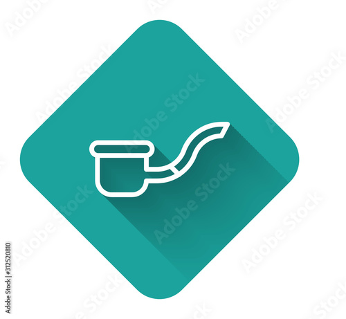 White line Smoking pipe with smoke icon isolated with long shadow. Tobacco pipe. Green square button. Vector Illustration