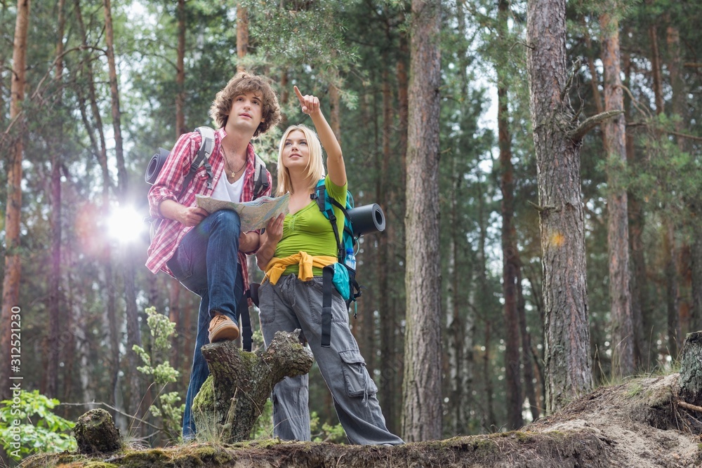 Young hiking couple with map discussing over direction in forest Young hiking couple with map discussing over direction in forest