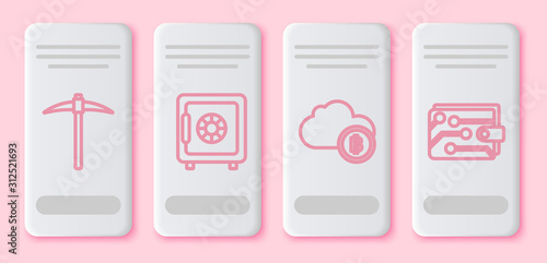 Set line Pickaxe, Safe, Cryptocurrency cloud mining and Cryptocurrency wallet. White rectangle button. Vector