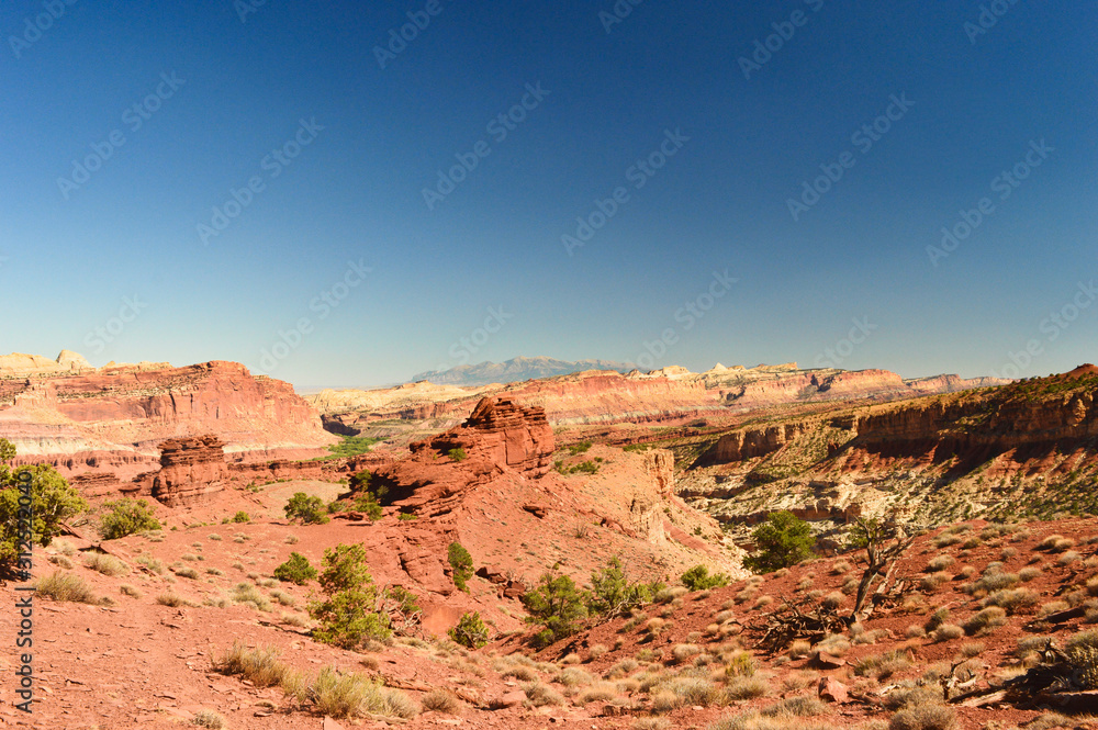 Extraordinary landscape, mountains and rocks views from viewpoint in the Capitol Reef national park in south central Utah