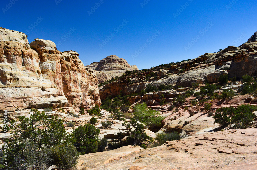Rock formations of sand stone and beautiful views in the Capitol Reef national park, Utah