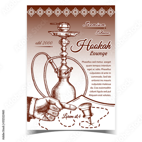 Hookah Lounge Bar Flavored Tobacco Banner Vector. Modern Design Hookah, Man Hand Gesture And Pin On Map On Advertising Poster. Relaxation Accessory Monochrome In Retro Style Illustration