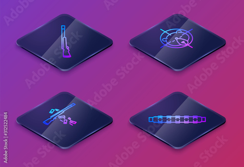 Set Isometric line Hunting gun, Gun shooting, Hunt on bear with crosshairs and Hunting cartridge belt with cartridges. Blue square button. Vector