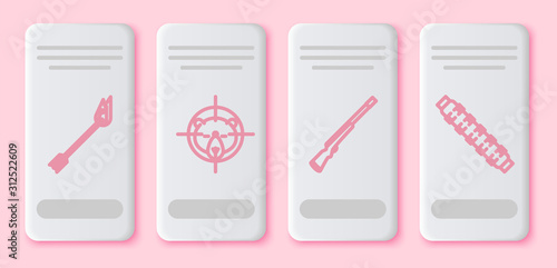 Set line Flame arrow, Hunt on bear with crosshairs, Hunting gun and Hunting cartridge belt with cartridges. White rectangle button. Vector