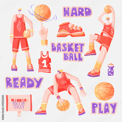 Vector flat set of basketball - basketball players, basket, ball, sneakers. Vector sport collection in modern flat style with orange, magenta color. Active sport set of basketball players