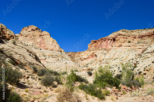 Rock formations of sand stone and beautiful views in the Capitol Reef national park, Utah