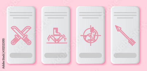 Set line Crossed hunter knife, Trap hunting, Hunt on rabbit with crosshairs and Hipster arrow. White rectangle button. Vector