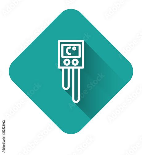 White line Temperature and humidity sensor icon isolated with long shadow. Green square button. Vector Illustration